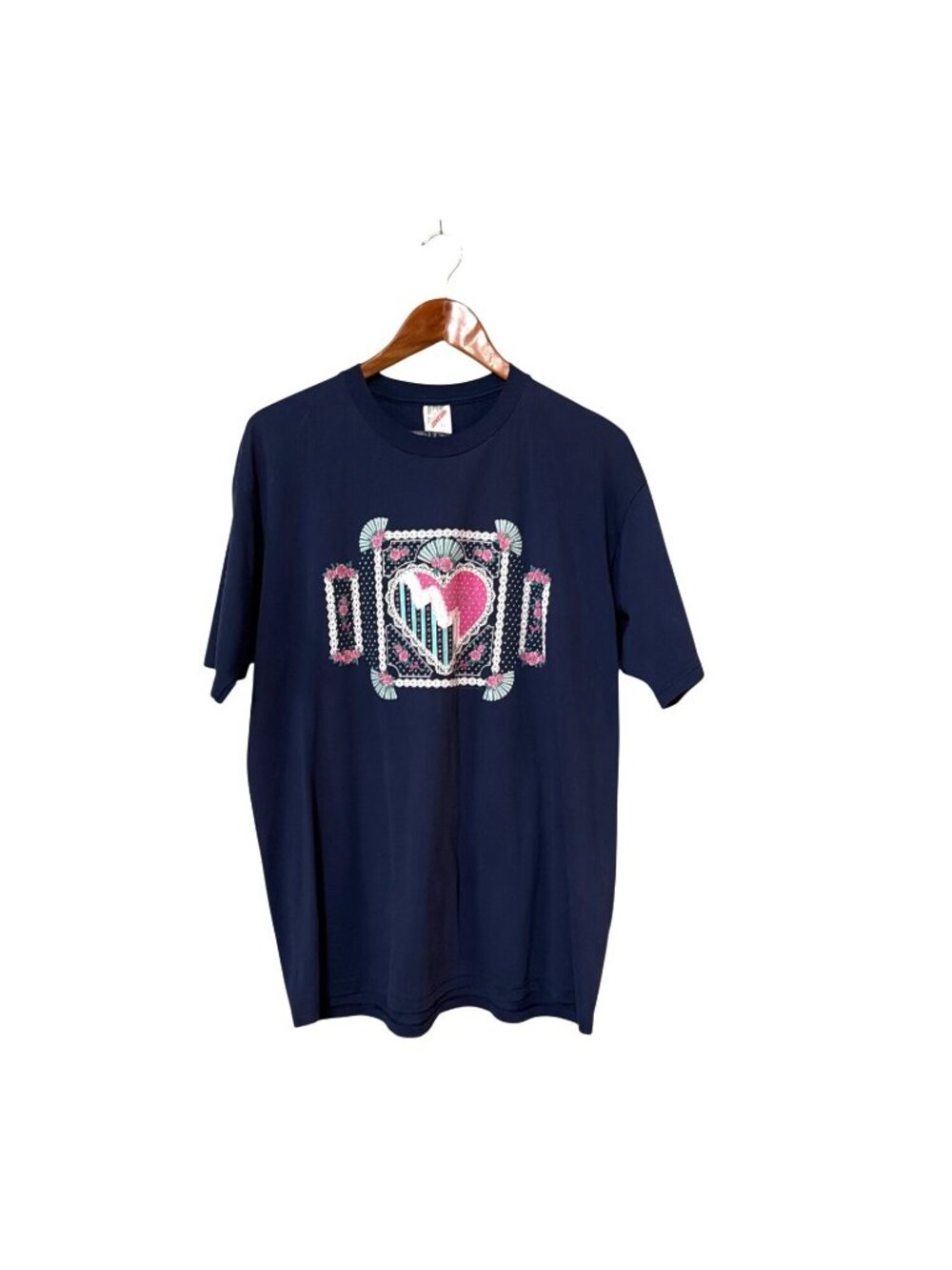 Vtg Navy Blue T-Shirt Heart Design XL Made In USA Cottage Granny 80's era